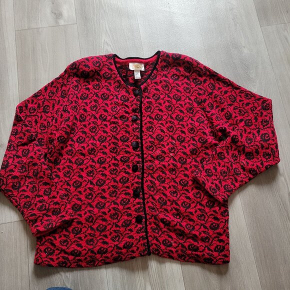 Talbots Floral Pattern Button-Up Cardigan Sweater Large Red & Black L - Picture 4 of 6